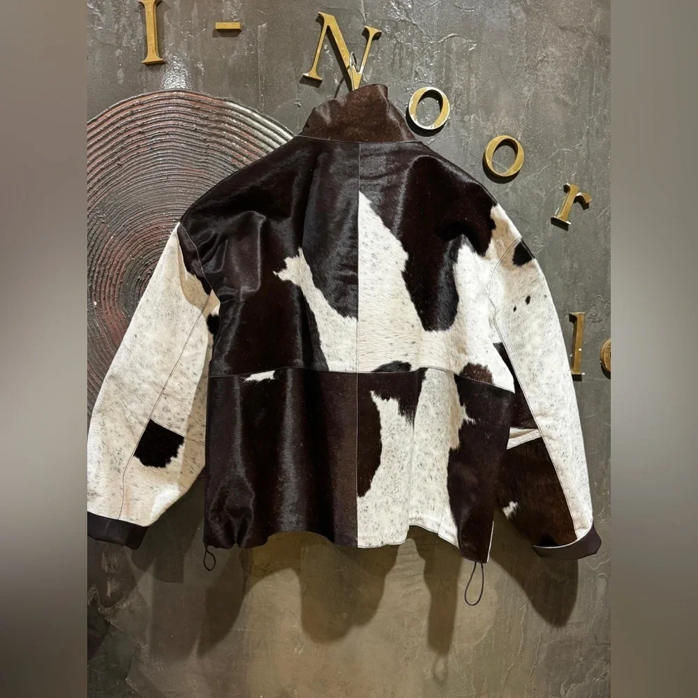 NWT Women's cow print calf hair western Brown and White genuine leather Jacket - Picture 13 of 15